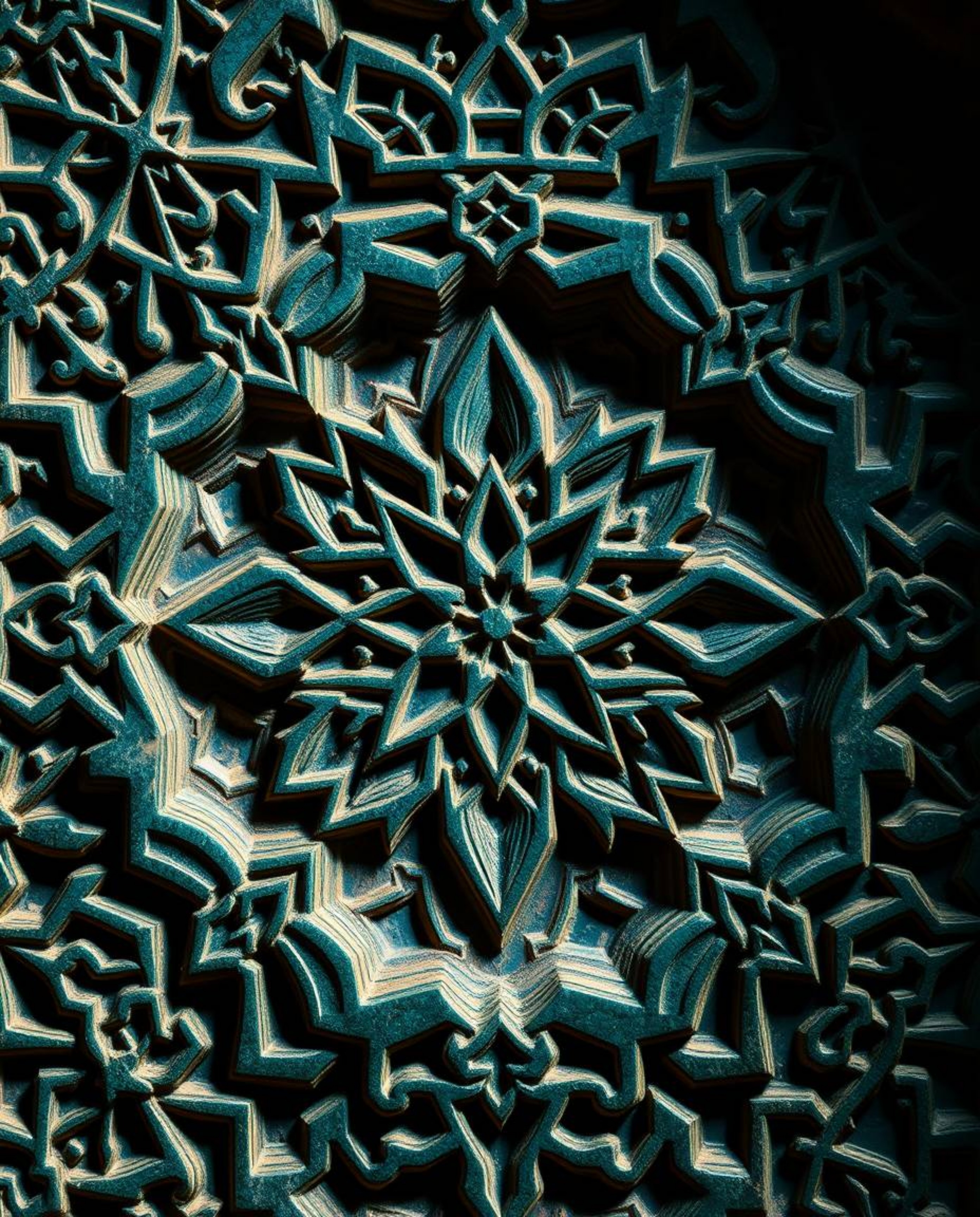Explore the beauty of intricately carved Islamic geometric stone patterns in rich, deep teal hues. This high-contrast image s