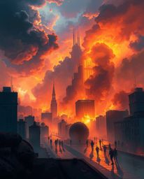 A dramatic digital painting showcases a city engulfed in flames, with people scattering in all directions beneath an intense,