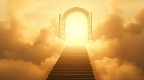 Experience the breathtaking beauty of a heavenly gate suspended above the clouds, bathed in descending golden light and adorn