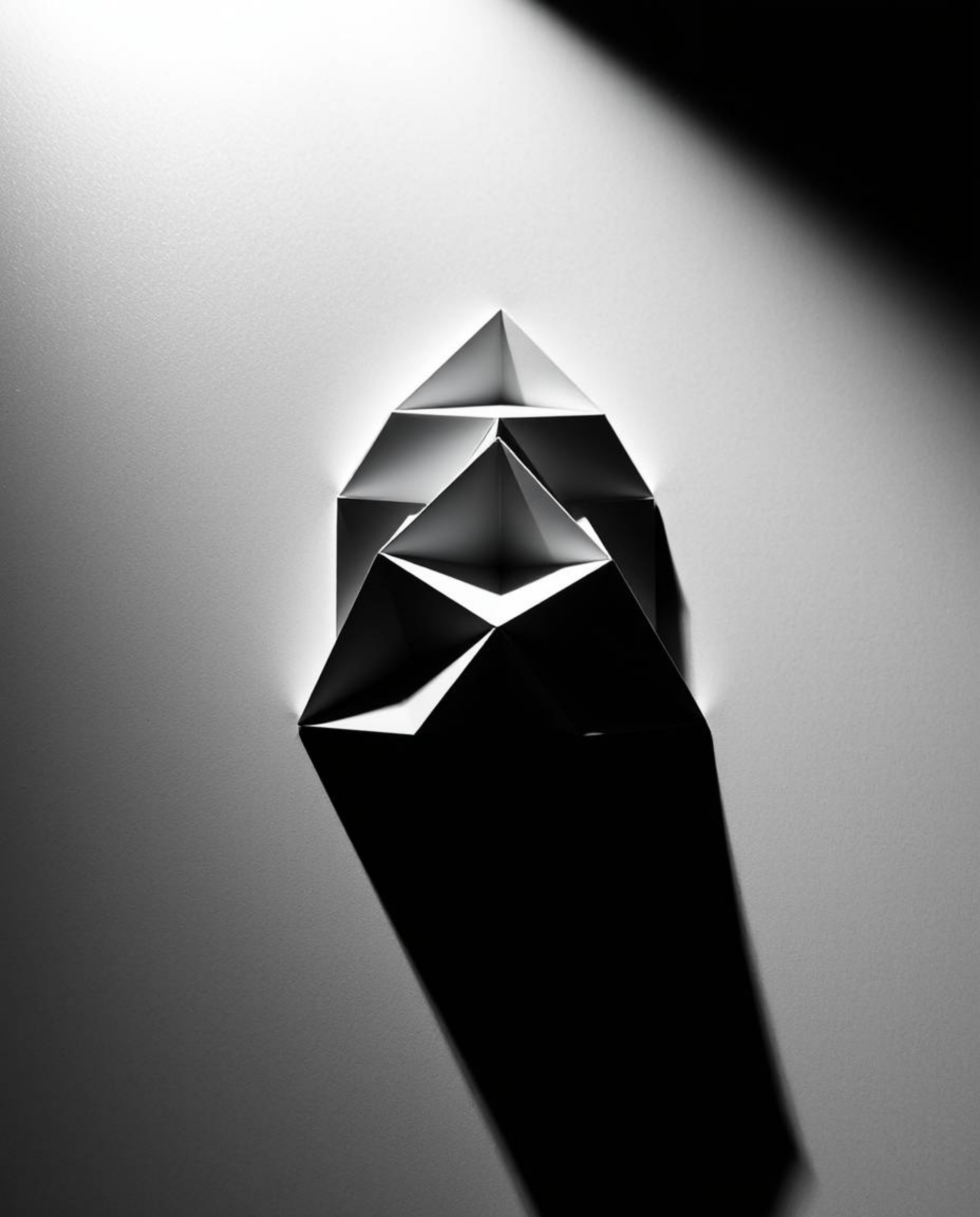 A captivating monochrome image showcases a dramatic 3D geometric pattern, reminiscent of folded paper.  Shot from a low angle