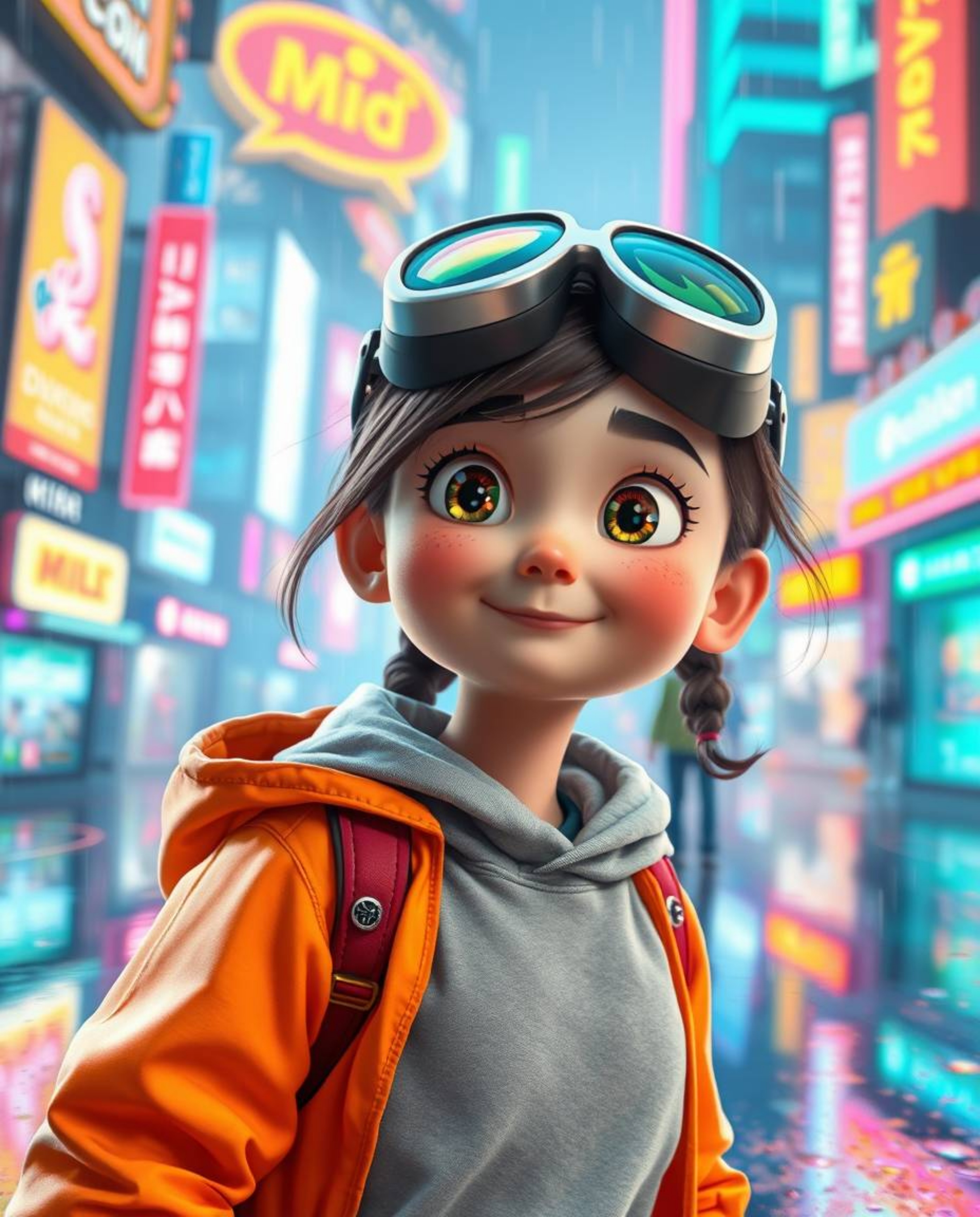 A vibrant scene unfolds featuring a young inventor girl with bright eyes and rosy cheeks, donning futuristic goggles as she s