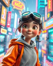 A vibrant scene unfolds featuring a young inventor girl with bright eyes and rosy cheeks, donning futuristic goggles as she s