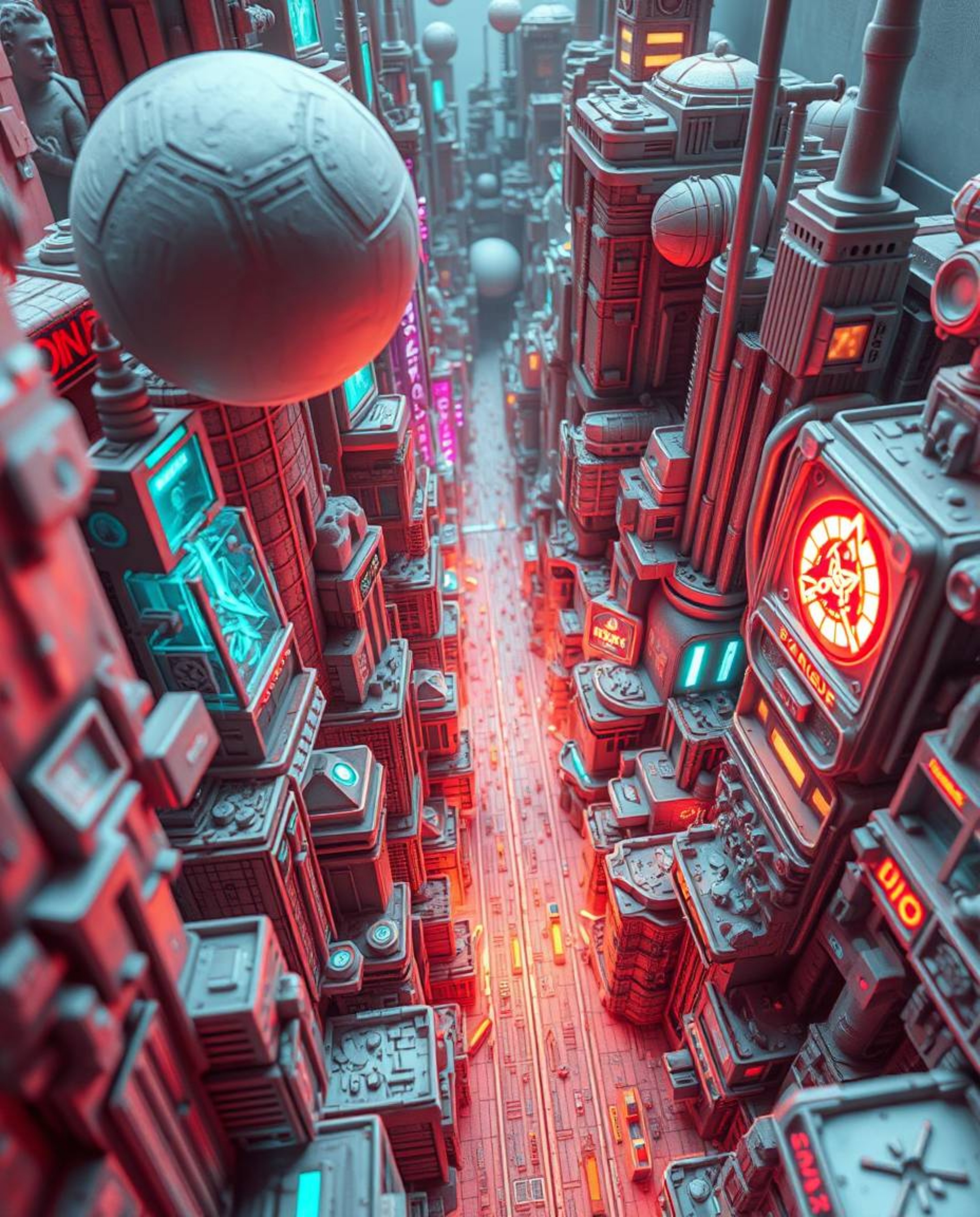 A captivating high-angle shot of a sculptural clay artwork depicting a futuristic city engulfed in a glitch.  Flickering ligh