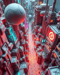 A captivating high-angle shot of a sculptural clay artwork depicting a futuristic city engulfed in a glitch.  Flickering ligh
