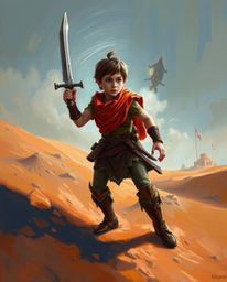 A brave Disney-esque hero embarks on a thrilling desert adventure, captured in a stunning classic oil painting style.  The ar