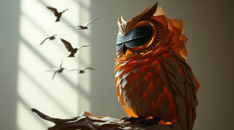 Explore a captivating layered papier-mâché sculpture depicting a blind owl in the distinct Pixar style, teaching birds to fly