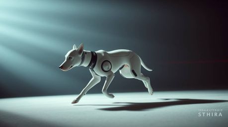 A captivating image of a futuristic dog autonomously traversing the cosmos.  Captured with a long exposure, the photograph sh