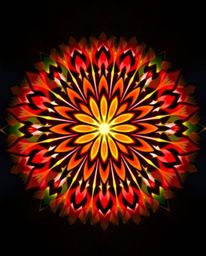 This artwork features a geometric floral mandala with vibrant colors and a symmetric design. The high contrast and intense, d
