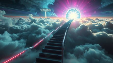 A captivating futuristic sci-fi image showcases a surreal stairway floating amidst smoky clouds, ascending towards a radiant 