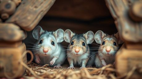 Explore a whimsical world with extreme close-up macro shots of anthropomorphic mice residing in a cozy cottage, all rendered 