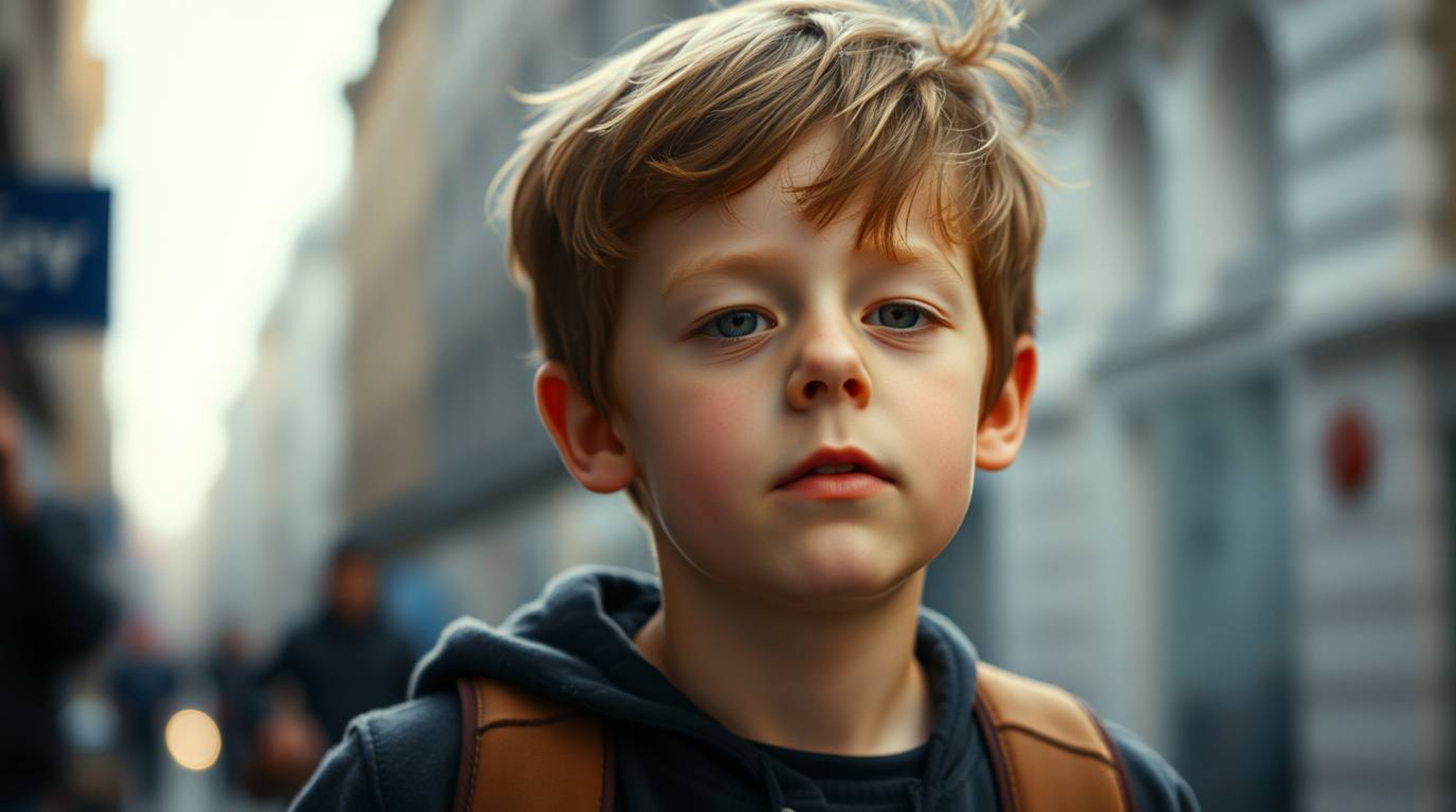 A captivating street photography shot captures a spontaneous moment of a young boy with light brown hair and fair skin seemin