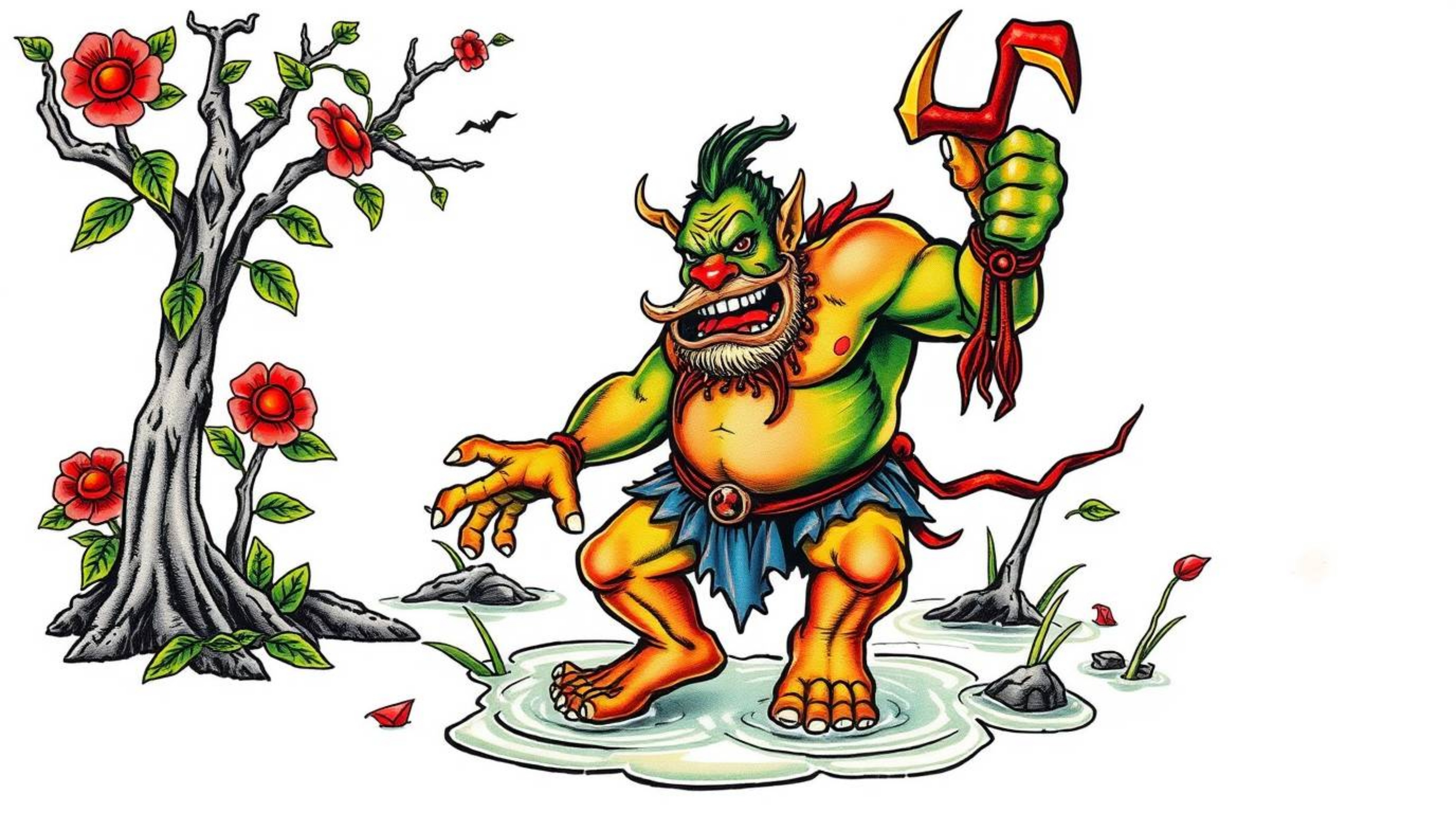 This lively and energetic art print features a symbolic, traditional tattoo-style illustration of an ogre joyfully dancing in