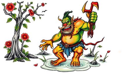 This lively and energetic art print features a symbolic, traditional tattoo-style illustration of an ogre joyfully dancing in