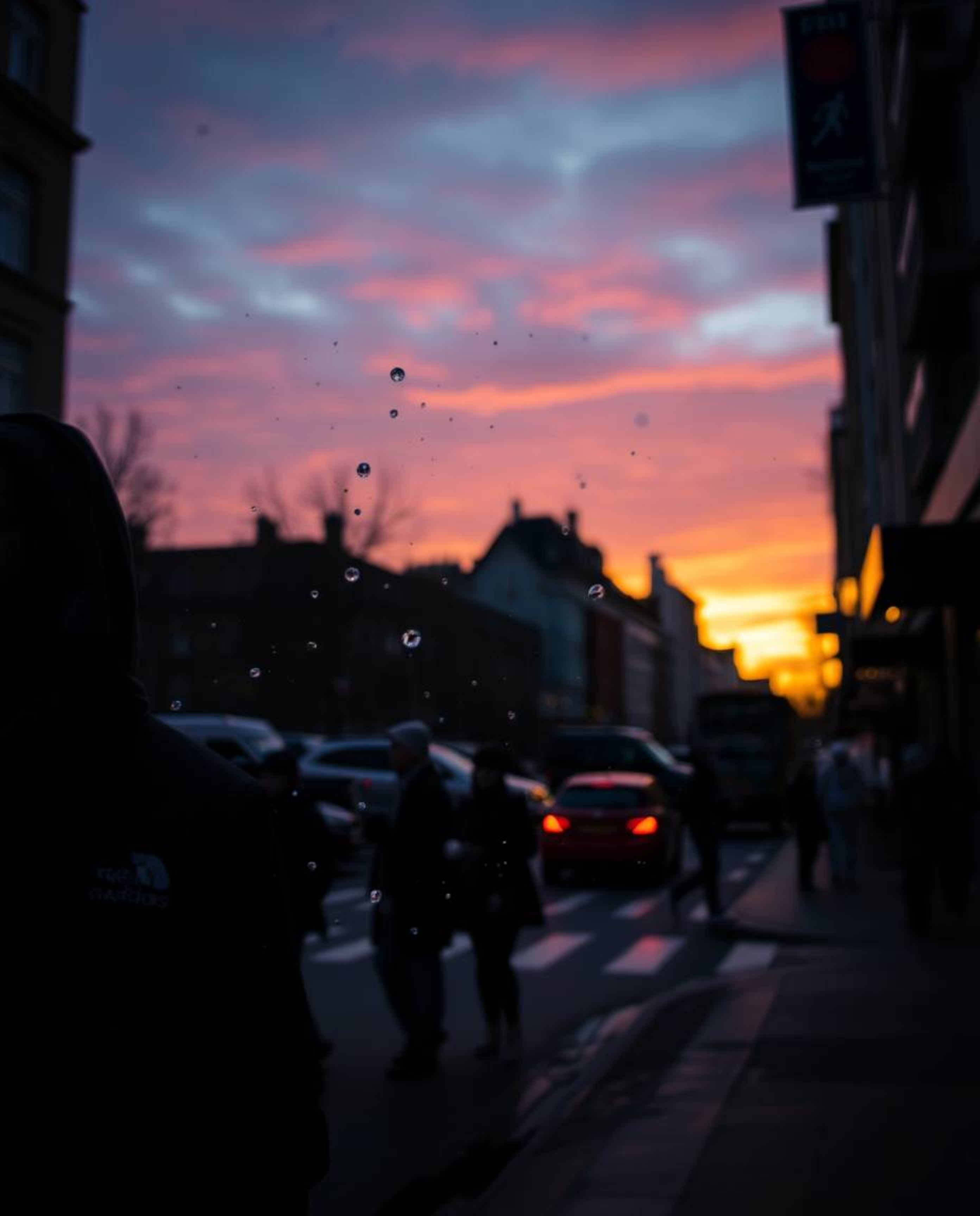 A candid street photograph that captures the spontaneous moments of snowflakes falling during a vibrant sunset. This image is