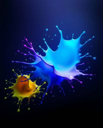 This digital artwork showcases intense dramatic lighting that illuminates abstract 3D colorful splash shapes floating in a su
