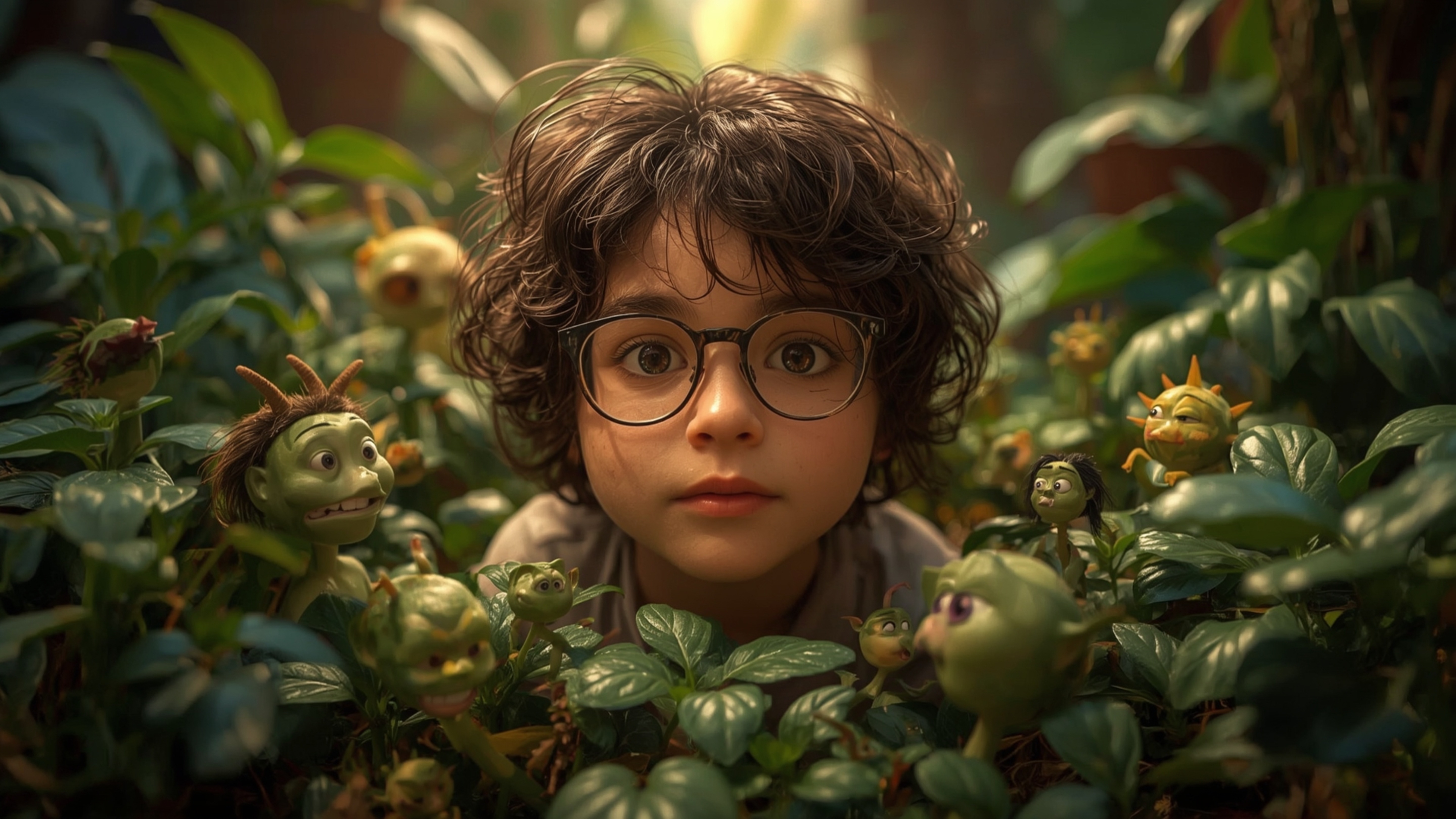 In a vibrant, cinematic photograph reminiscent of a Pixar animated film, a bespectacled and curious young genius with curly b