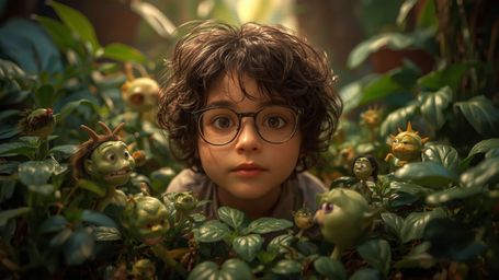 In a vibrant, cinematic photograph reminiscent of a Pixar animated film, a bespectacled and curious young genius with curly b