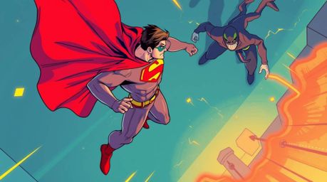 A dynamic high-angle illustration depicts a superhero, their cape dramatically flowing, engaged in a humorous battle against 