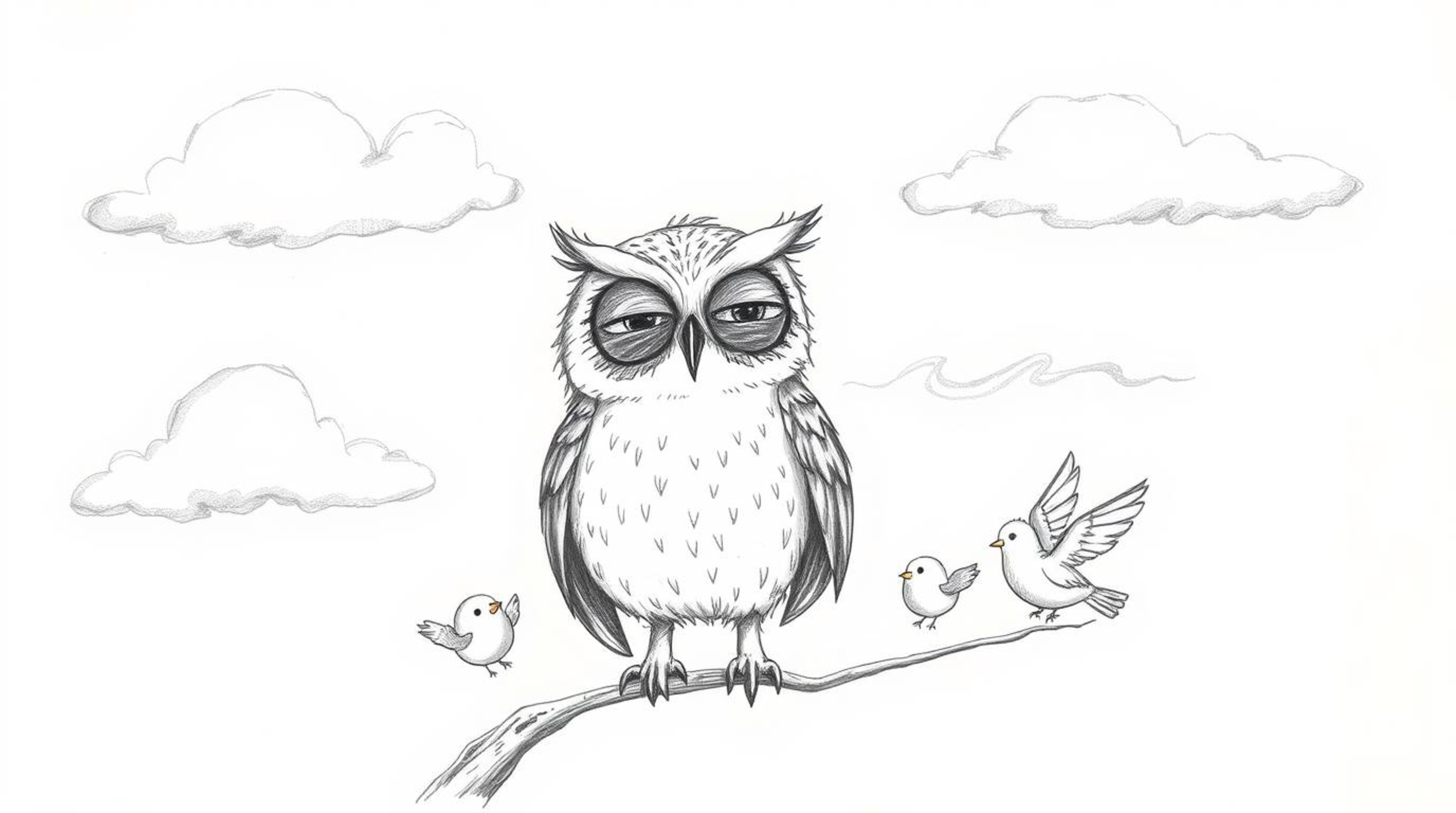 A charming hand-drawn sketch in the style of Pixar portrays a heartwarming scene: a blind owl with soft, feathery textures gu