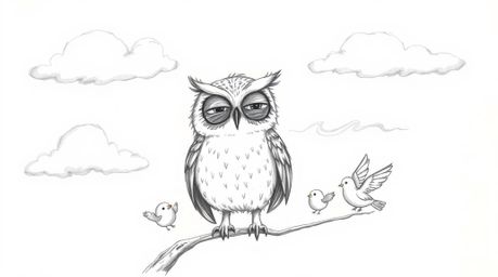 A charming hand-drawn sketch in the style of Pixar portrays a heartwarming scene: a blind owl with soft, feathery textures gu