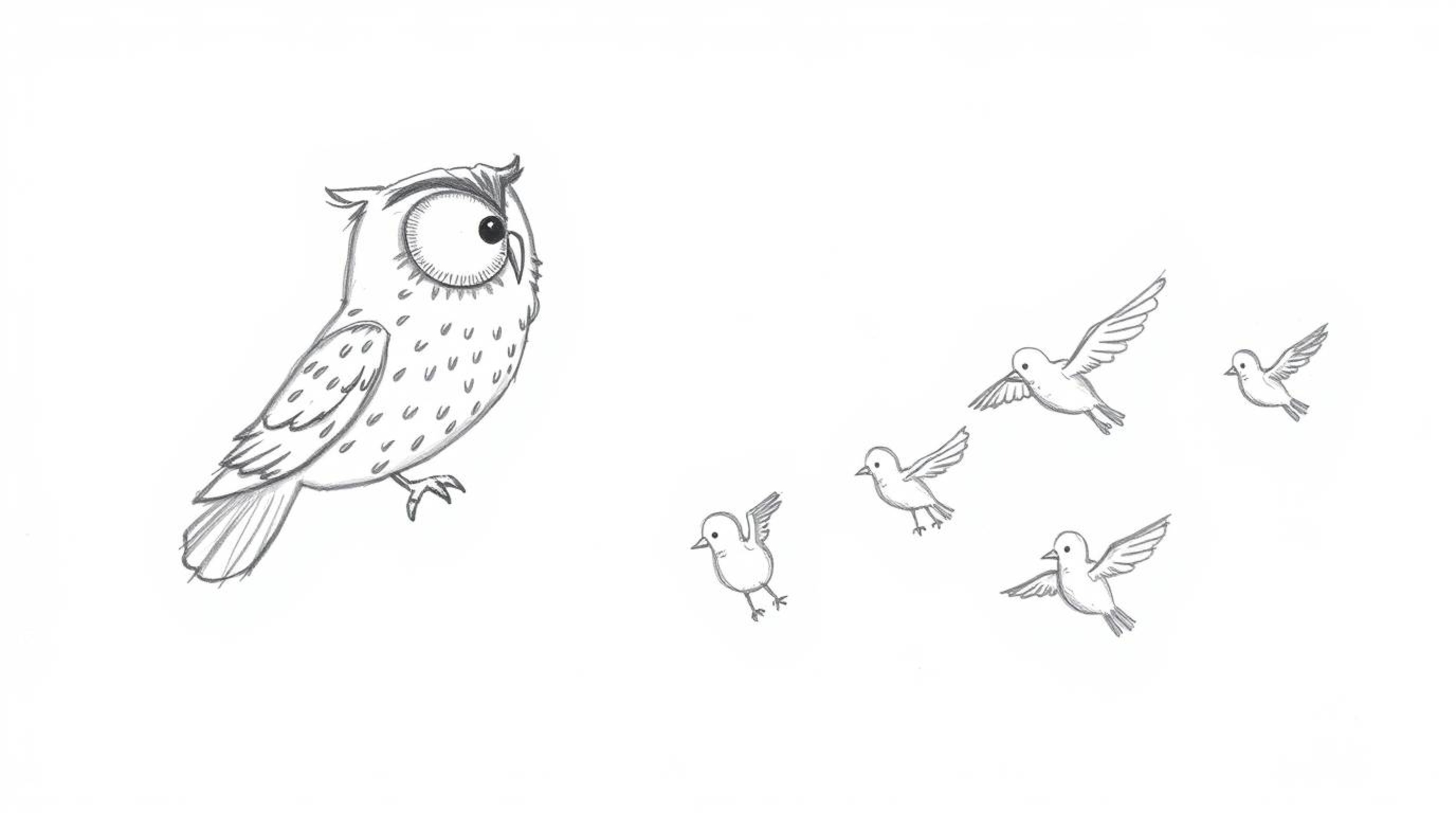 A heartwarming, hand-drawn sketch reminiscent of Pixar films depicts a blind owl passionately teaching birds to fly.  Using w