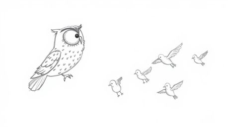 A heartwarming, hand-drawn sketch reminiscent of Pixar films depicts a blind owl passionately teaching birds to fly.  Using w
