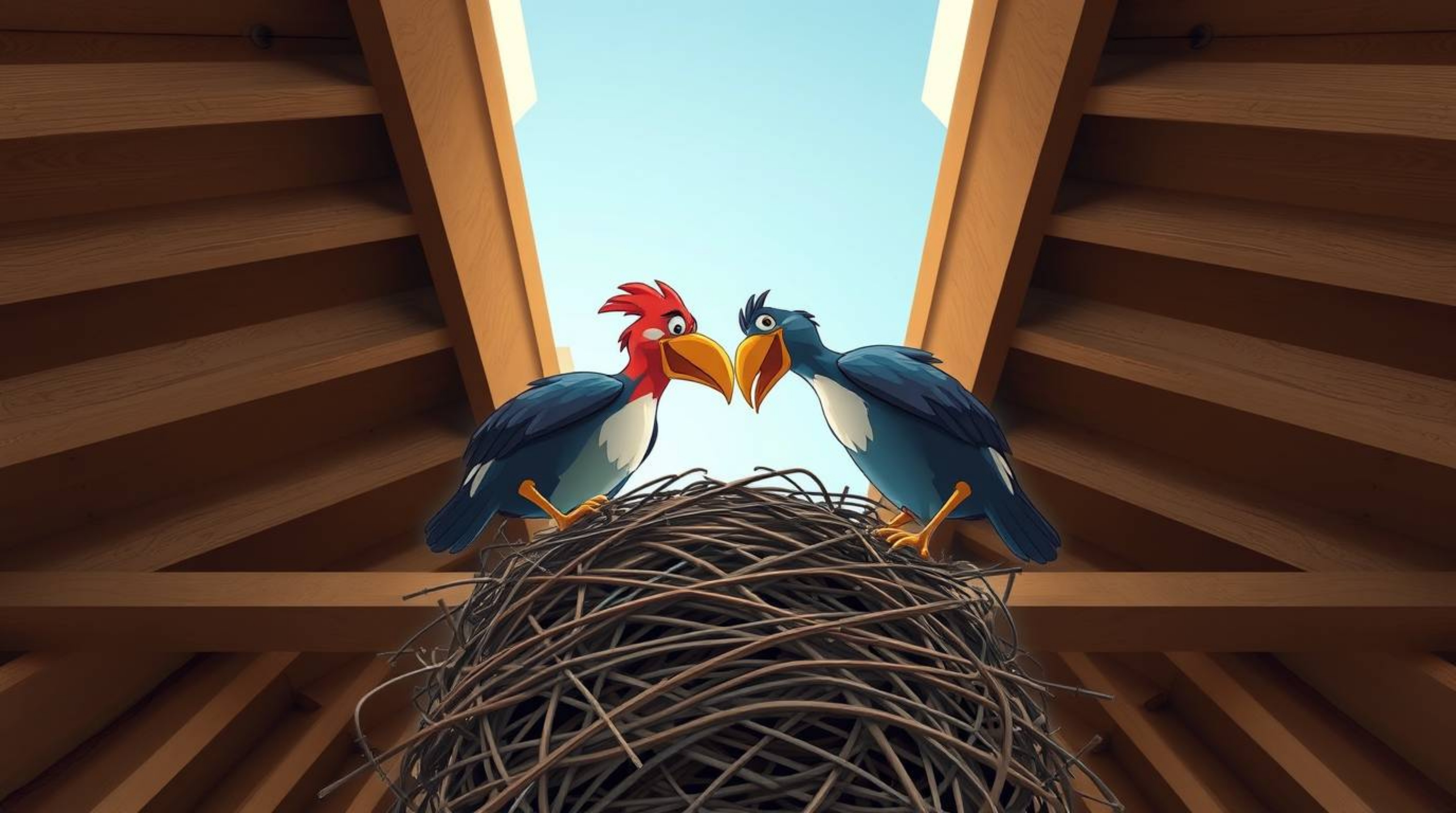 A captivating low-angle photograph depicts two cartoon birds meticulously constructing a nest, rendered in a classic animatio