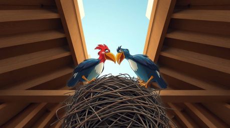 A captivating low-angle photograph depicts two cartoon birds meticulously constructing a nest, rendered in a classic animatio