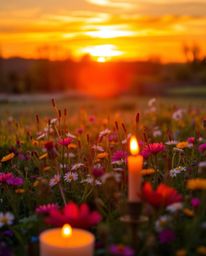 A vibrant sunset casts a lively and energetic glow over a spring wildflower meadow, uniquely illuminated by the warm light of
