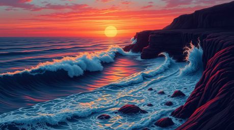 An elegant artwork depicting waves crashing on cliffs at sunset.  The piece features a sophisticated color palette of rich bu