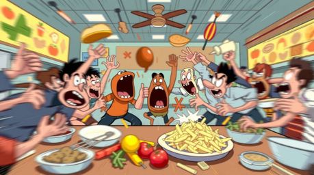 Experience the chaotic energy of a dynamic cartoon food fight!  This vibrant animation, set in a bustling cafeteria, showcase