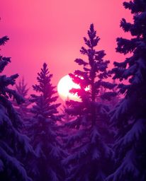 This image showcases the ethereal beauty of sunset light on snowy pine trees, rendered in deep ultraviolet hues. A soft, drea