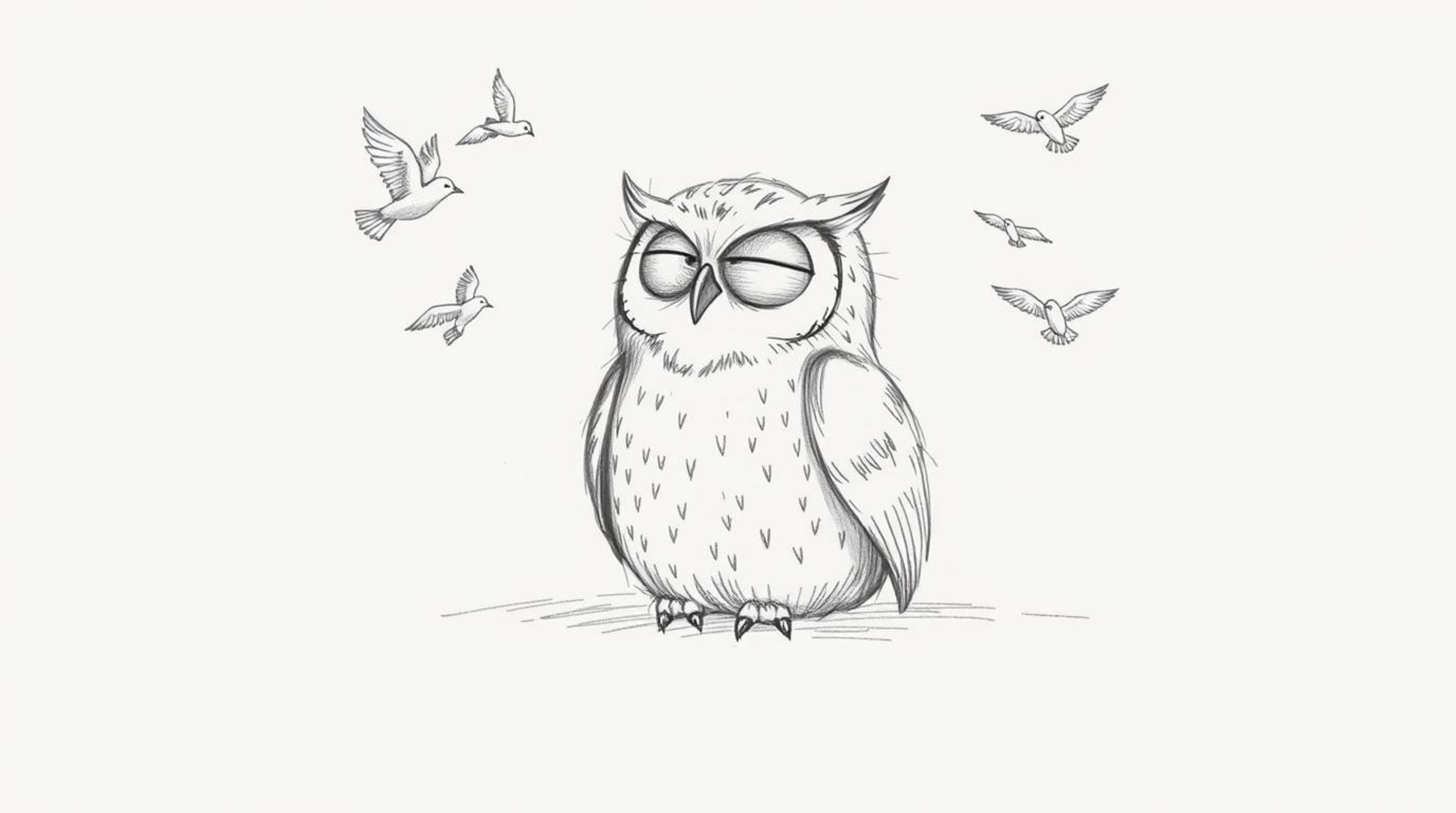 A heartwarming hand-drawn sketch in the style of Pixar depicts a blind owl with soft feathers and a serene expression, embody