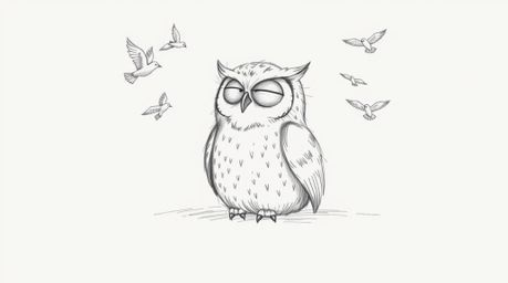 A heartwarming hand-drawn sketch in the style of Pixar depicts a blind owl with soft feathers and a serene expression, embody