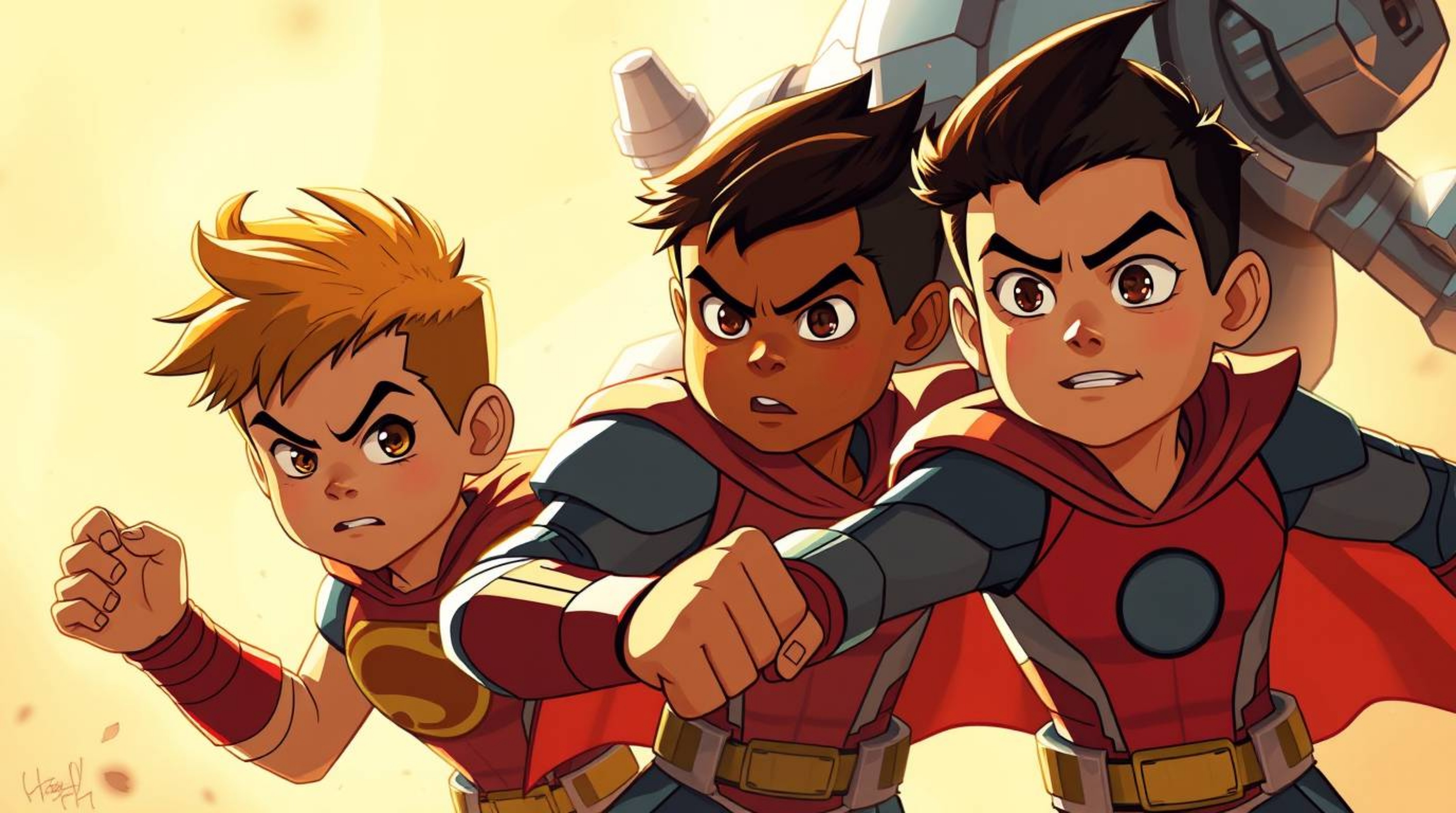 A dynamic scene portrays three superpowered children with diverse skin tones and determined expressions engaged in combat aga