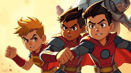 A dynamic scene portrays three superpowered children with diverse skin tones and determined expressions engaged in combat aga