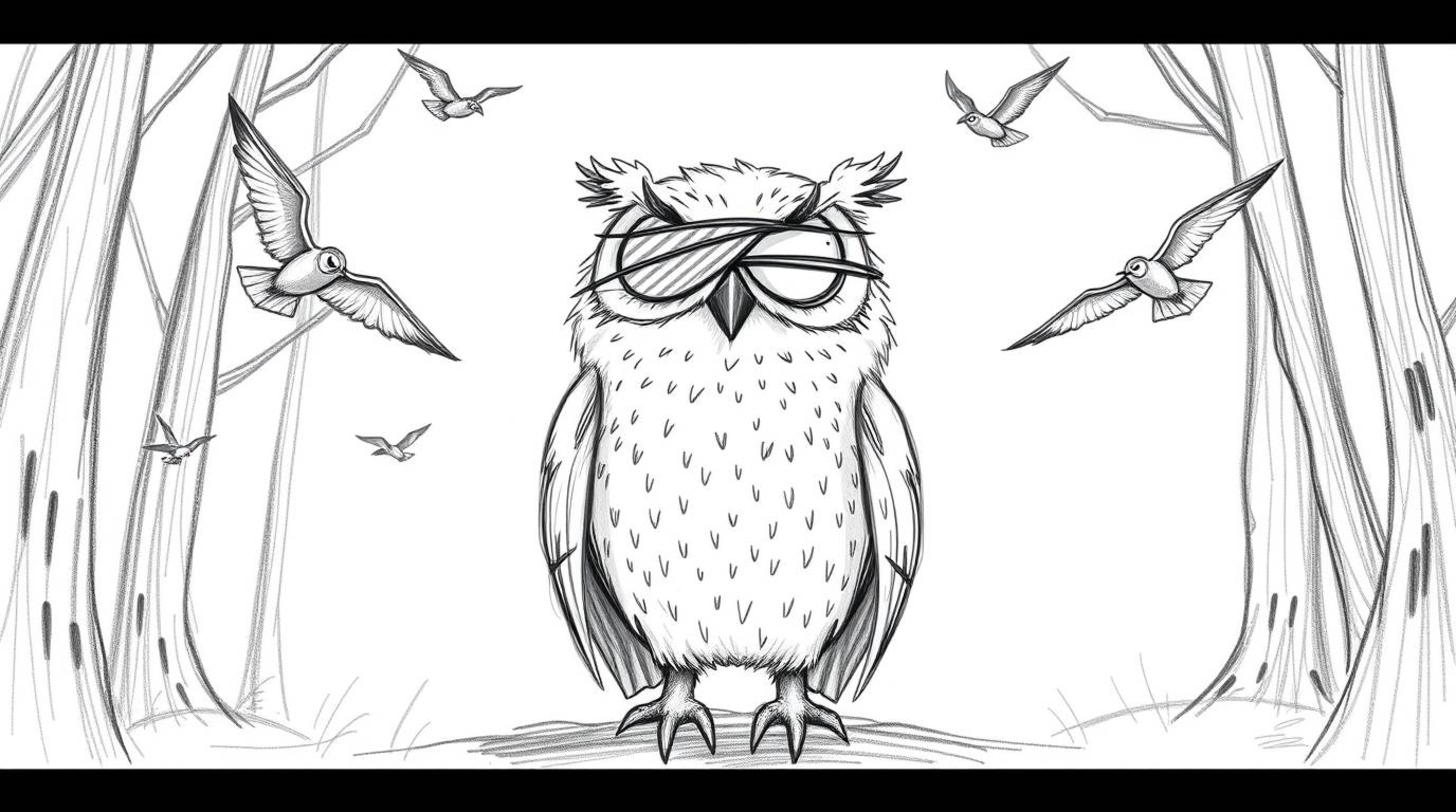 A captivating hand-drawn sketch in the style of Pixar depicts a blind owl, rendered with soft pencil strokes and expressive e