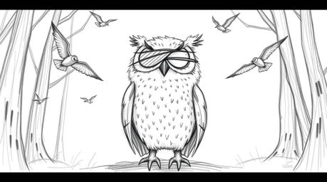 A captivating hand-drawn sketch in the style of Pixar depicts a blind owl, rendered with soft pencil strokes and expressive e