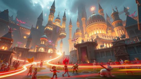 Capture the essence of a fantastical realm with a long exposure photograph, showcasing a sprawling kingdom teeming with whims