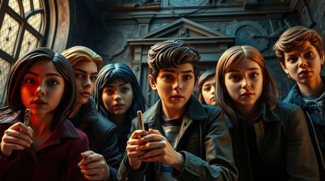 Experience a dramatic, cinematic portrayal of a group of diverse teenagers solving mysteries within a haunted mansion. Crafte