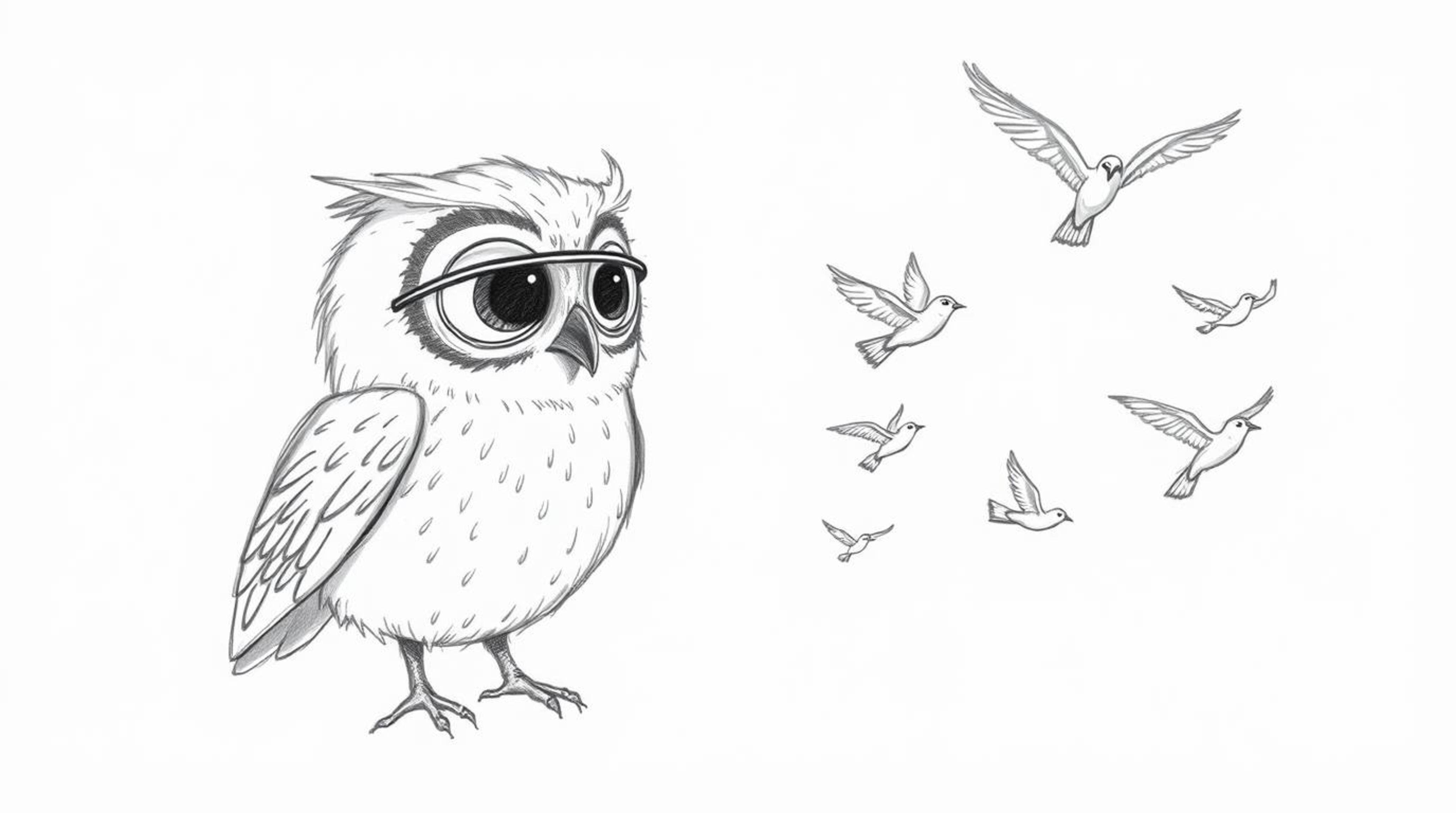 A heartwarming, hand-drawn sketch reminiscent of Pixar, showcasing a blind owl with feathery textures and expressive eyes. Th