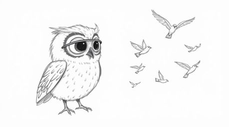 A heartwarming, hand-drawn sketch reminiscent of Pixar, showcasing a blind owl with feathery textures and expressive eyes. Th
