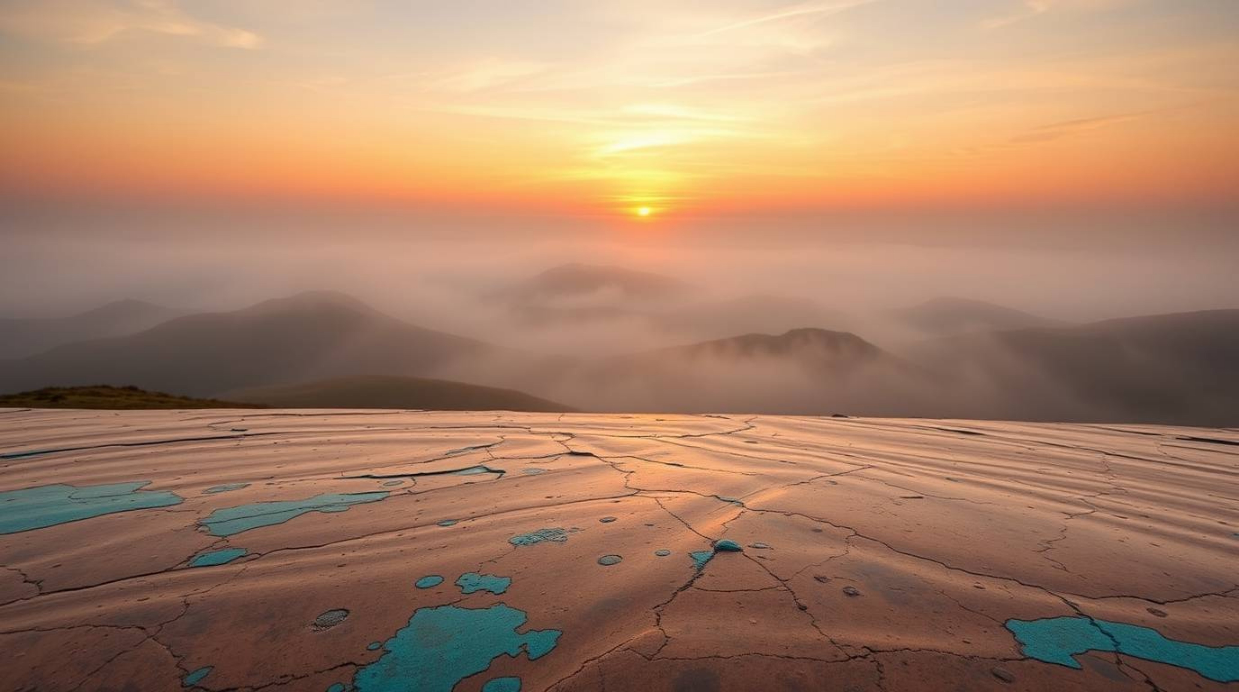 A captivating image of fog-covered hills bathed in the warm light of sunset, rendered with a unique cast bronze surface. The 