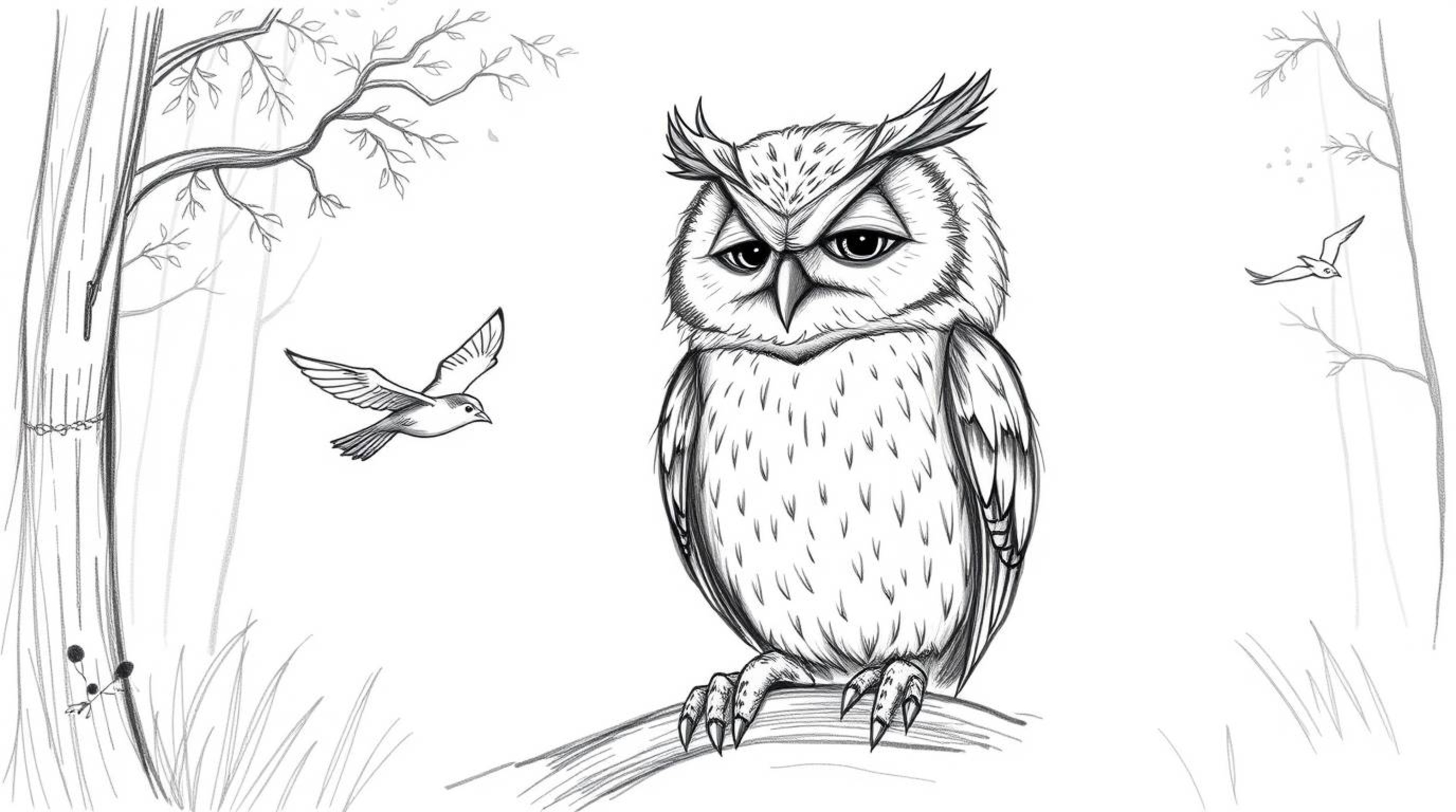 A charming hand-drawn pencil sketch depicting a wise, blind owl with soft feathers and a wrinkled face, patiently teaching sm