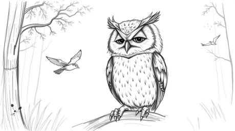 A charming hand-drawn pencil sketch depicting a wise, blind owl with soft feathers and a wrinkled face, patiently teaching sm