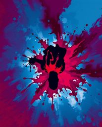 Overhead bird's-eye view showcasing rich burgundy and deep blue colorful splash patterns that coalesce to form a striking hum