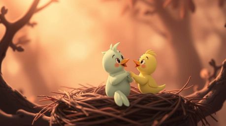 Two cartoon birds diligently constructing a nest, brought to life in a classic animation style with a surreal twist. The enti