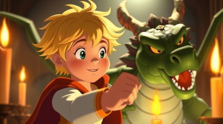 A charming prince, rendered in a delightful 1950s animation style, bravely battles a fearsome emerald-scaled dragon.  The sce