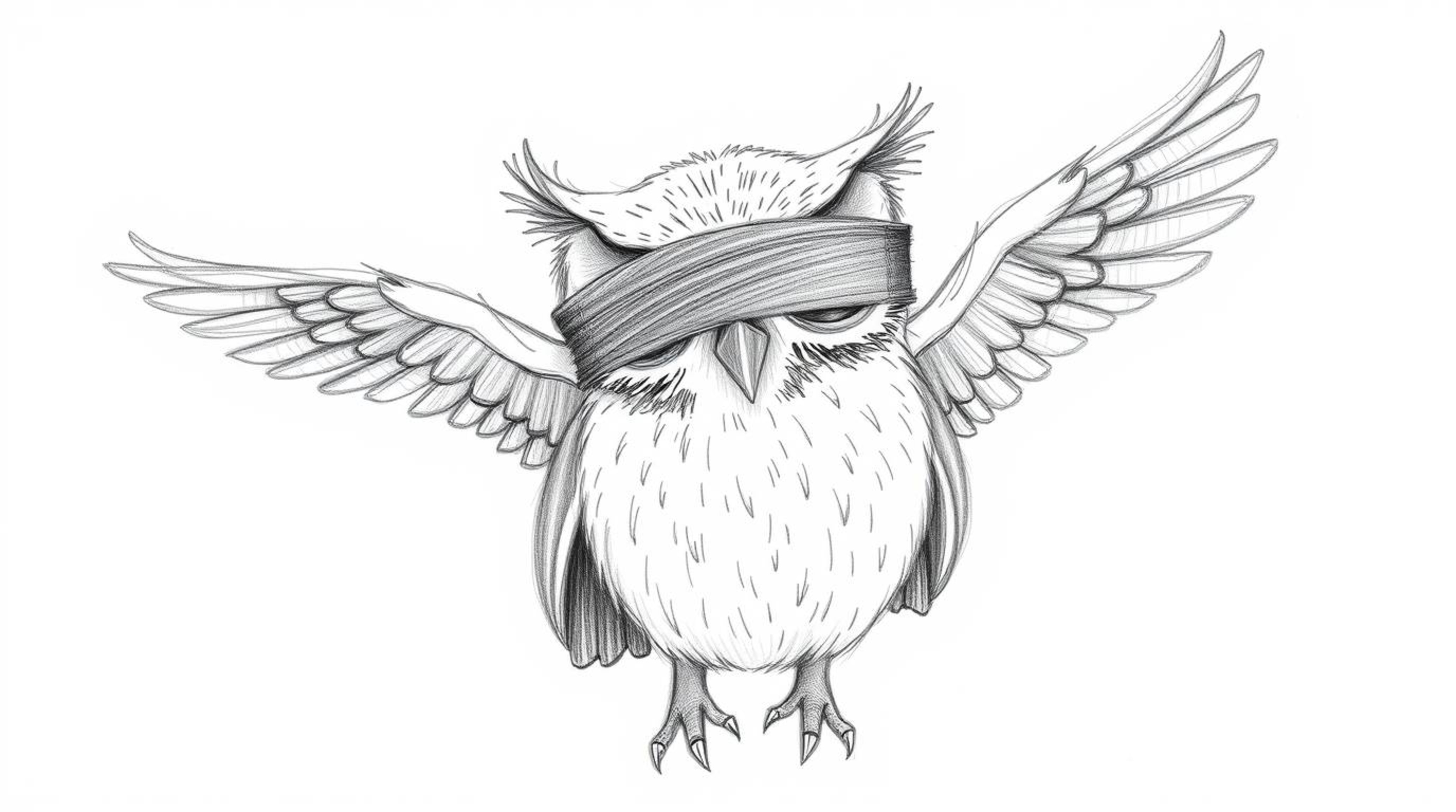 A textured pencil sketch depicts a blind owl, reminiscent of Pixar's style, instructing birds on how to fly. The artwork emph