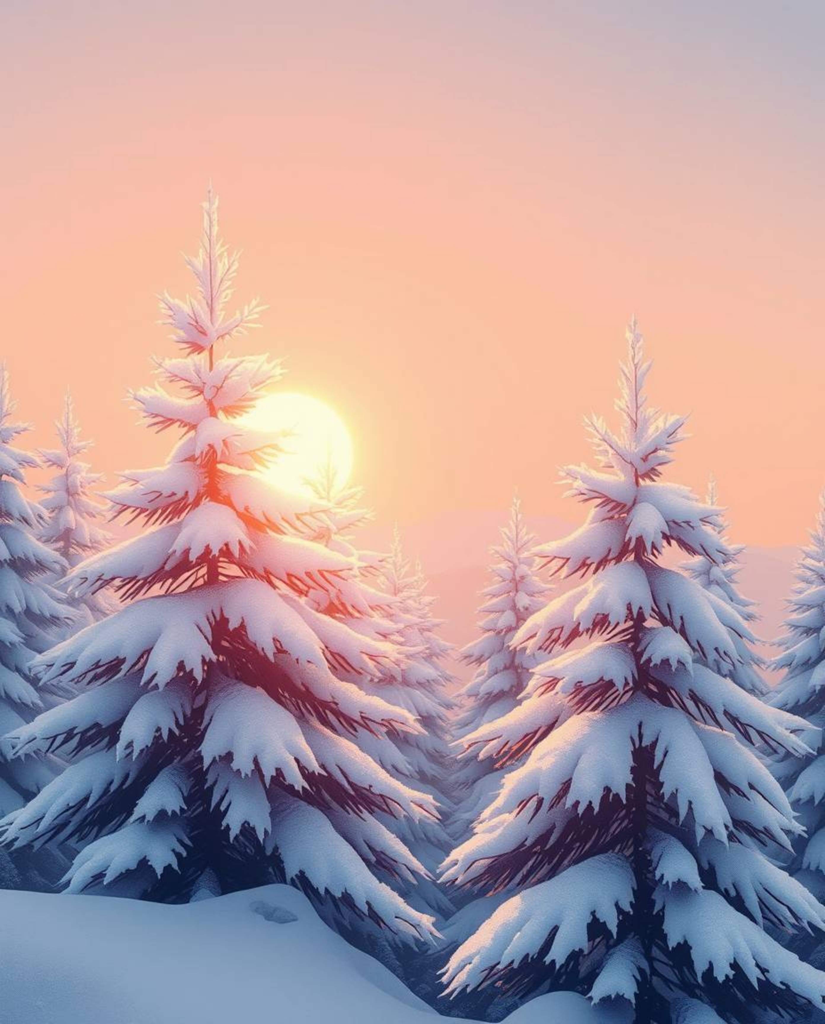A graceful and elegant illustration captures the serene beauty of sunset light sparkling on snowy pine trees. The scene is ch